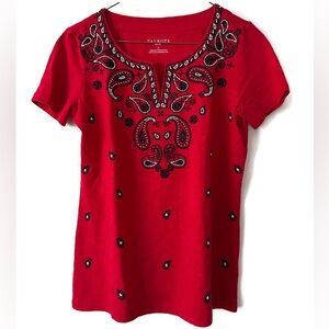 Talbots Petite Red Split Neck Beaded Tee Size P